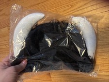 Black Furry Hat Horns Halloween Costume Viking Buffalo Lodge Caveman Cosplay