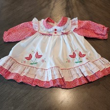 Vtg Red and White Pinafore Dress - Size 6-9 Months Girls Tulips Lace And Bows
