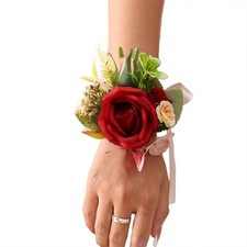 Prom Corsage Wristlet Red Rose Wrist Corsage Artificial Flower Women ARed