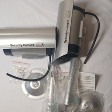 Set of 2 Silver Dummy Security Cameras Outdoor Indoor Battery Flashing LED
