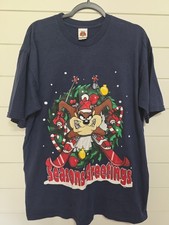 Looney Tunes Taz Christmas Shirt Large Navy Blue Skiing USA Made Vintage 1996