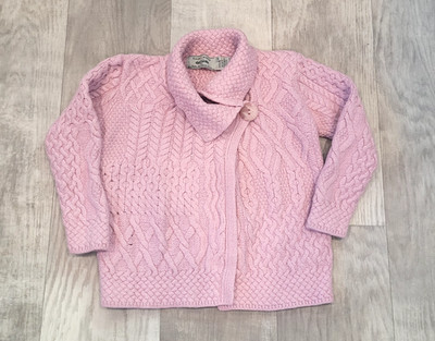 Aran Crafts 100% Merino Wool Pink Sweater Sz M Cable Knit Fisherman Made Ireland