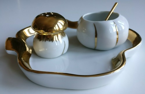 JUEGO DE ART DECO años 20 ROBJ PARIS M.D. PLATO DE SERVIR DORADO CUENCO DE AZÚCAR OLLA DE SAL - Imagen 5 de 12
