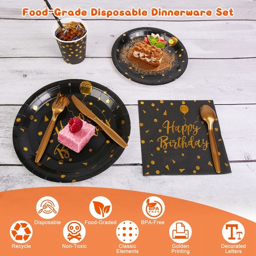 25Set Disposable Dinnerware Set Black Gold Birthday Party Camping Supplies Tool - Picture 6 of 10