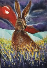 Original Colourful Watercolour Painting Hare Moon Night Sky Quirky Gift Framed 