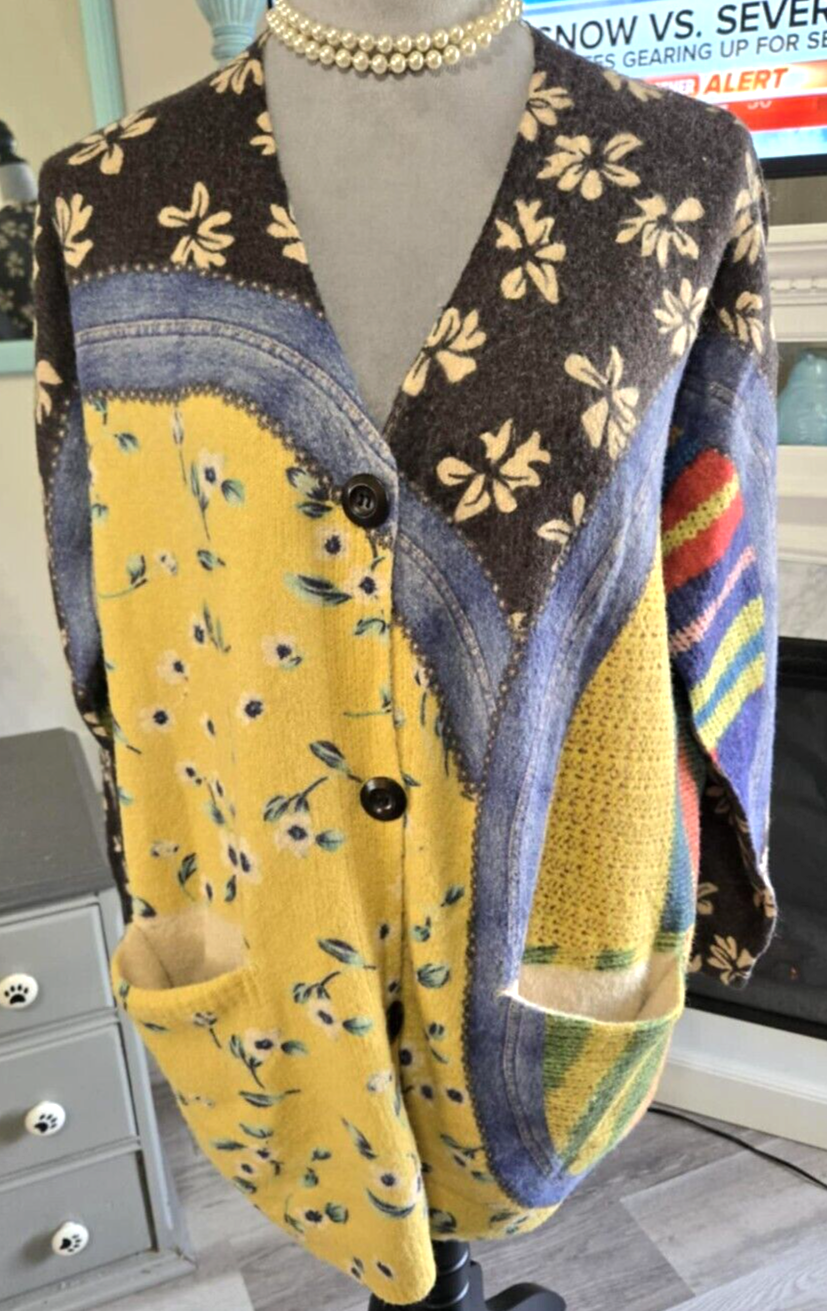 Yesno Patchwork Cotton Wool Long Sleeve Button Front Cardigan Sweater Womens Med