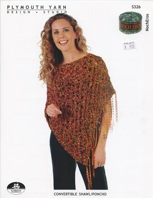 Plymouth Knitting Pattern S326 Noch Eros Ribbon Yarn Convertible Shawl Poncho - Image 1 of 2