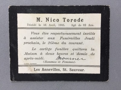 Genealogy: Named Paper Funeral Card #A2: TORODE M Nico: 1905 Age 82: Guernsey