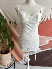 Fredericks of Hollywood White Teddy Lingerie Babydoll Lace Hose Clips Sz Medium