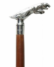 JAGUAR HANDLE BROWN WOOD WALKING STICK CANE SOLID BRASS HANDLE NICKEL FINISH E4