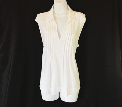 NWT XL The Loft White Pintucked Collared V-Neck Sleeveless Knit Top