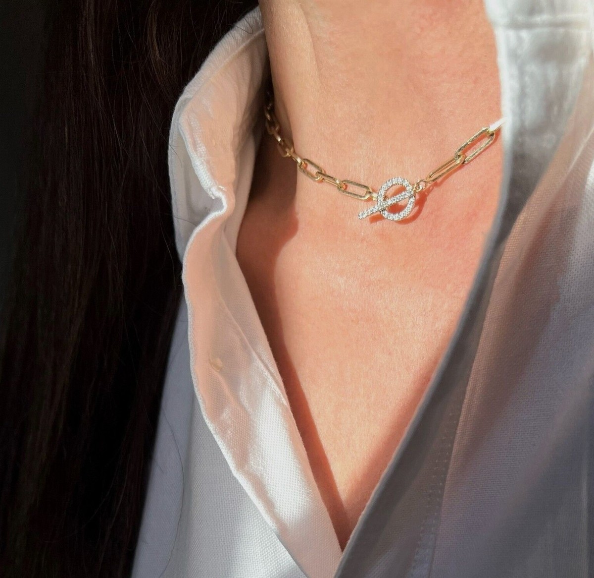 14k Solid Yellow Gold Large Paper Clip Chain with Diamond Toggle Necklace