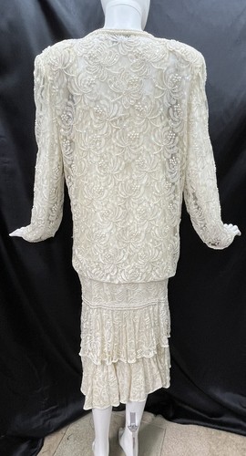 Art Deco Inspired Drop Waist Sequin Lace Pearls Wedding Dress Laurence Kazar L - Picture 10 of 24