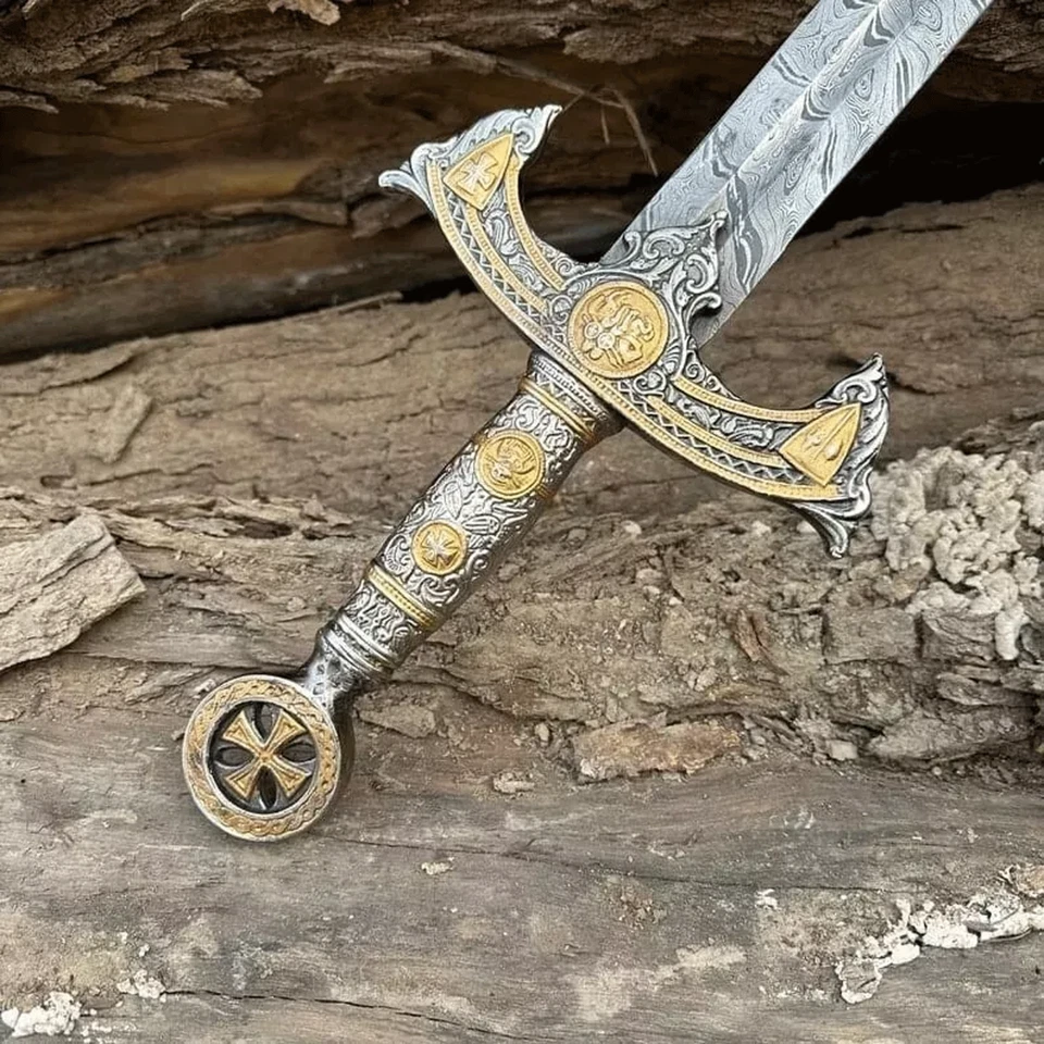 Tempelritter Schwert-Damaststahl Kreuzritterschwert Handgefertigt, Lederscheide - Bild 2 von 4