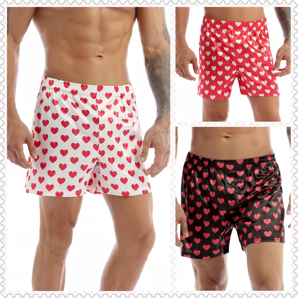 Men's Heart Print Boxer Shorts Underwrear Elastic Waistband Woven Boxers  Shorts