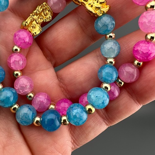 Pixiu Feng Shui Bracelets Pink Blue Gold tone spacer beads Stretch Glass Bead - Picture 4 of 6