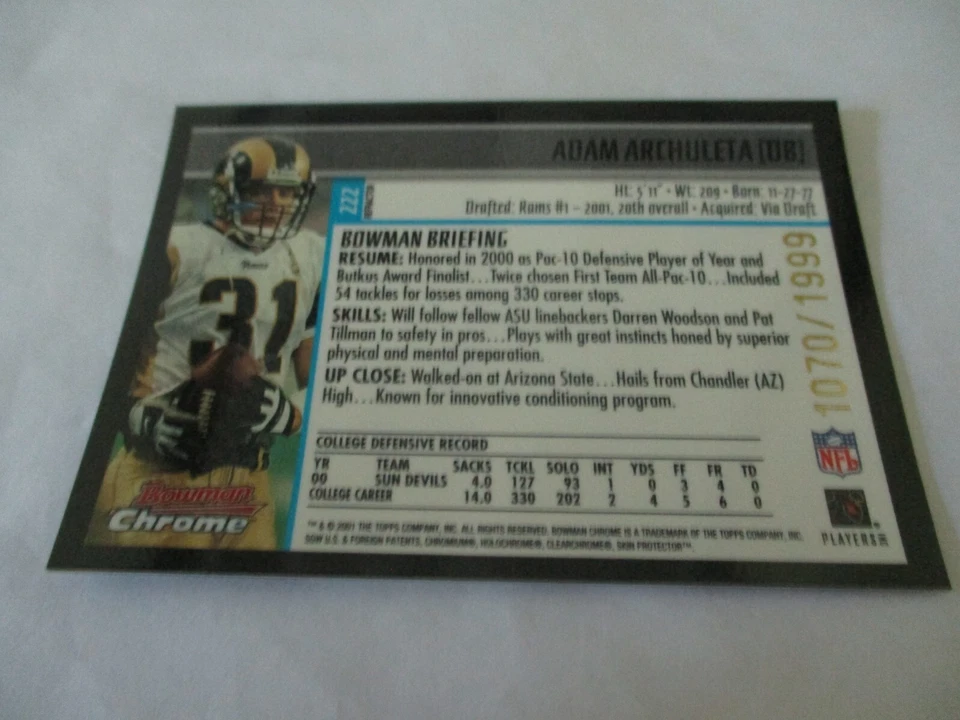 2001 Bowman Chrome Rookie Refractor Adam Archuleta Card #222 Serial #1070/1999 - Image 2 of 2