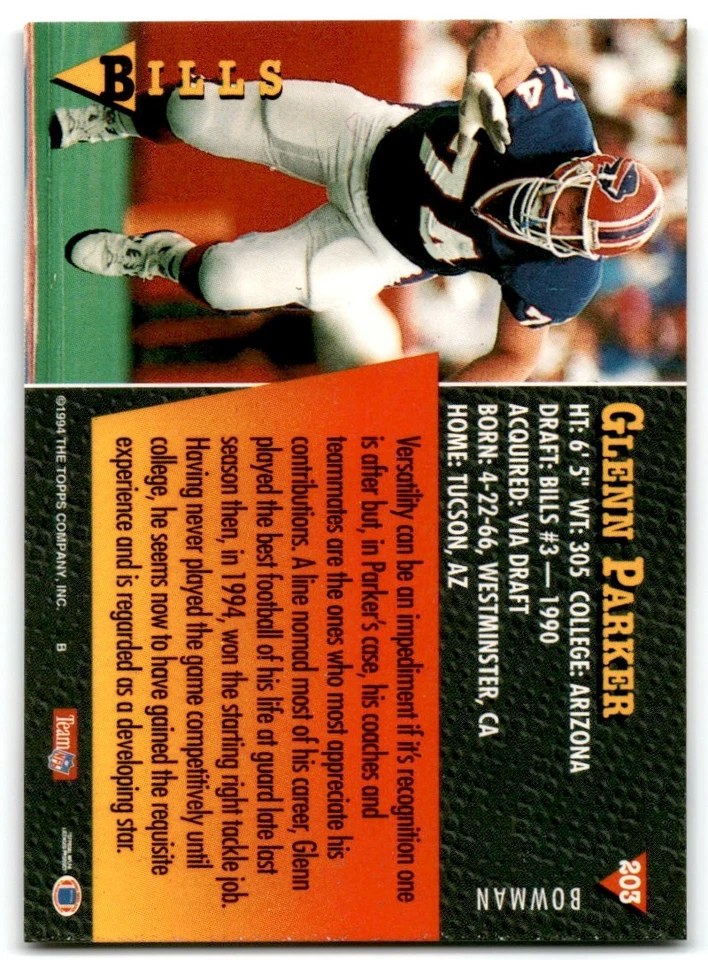 1994 Bowman Glenn Parker Buffalo Bills #203 - Image 2 of 2
