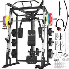 SunHome Smith Machine, Power Cage Squat Rack with Smith Bar, LAT Pull-Down