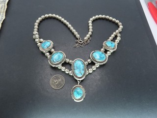 Sterling Silver & Turquoise Station Bench Beaded Necklace 20 24" 71g