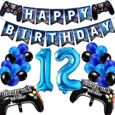 Geburtstagsdeko Junge 12 Jahre Gamecontroller Luftballons Schwarz Blaue Ball