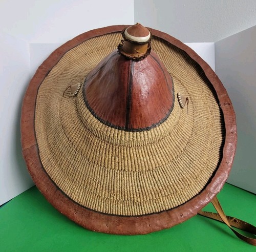 Vintage Large 22" African Fulani Handmade Conical Leather & Straw Shade Hat