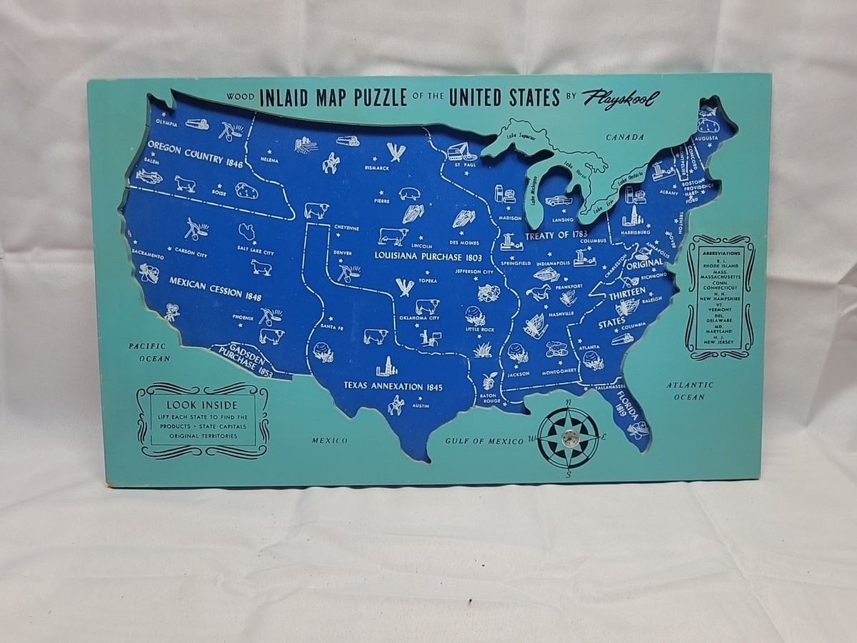 Vintage Playskool 48 State Wood Inlaid United States Map Puzzle