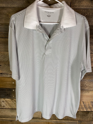 Lyle & Scott  Mens Sz L White With Gray Stripes Short Sleeve Polo Shirt