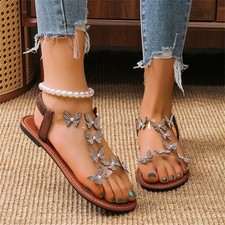Women's Rhinestone Butterfly Decor Flat Sandals Slip On Lightweight Summer Shoes