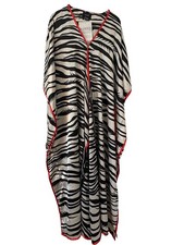 ASHRO Maxi Long Caftan Wrap Robe Dress Zebra Print Red Edge One Size/L NWT
