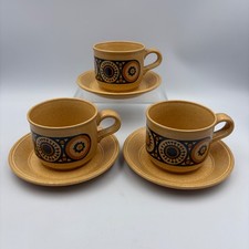 3 x Kiln Craft Bacchus Cups & Saucers Vintage 1970s Mustard and Brown Kilncraft