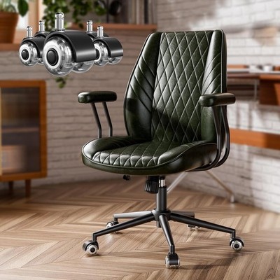 Green Leather Office Desk Chair with Wheels, Quiet Casters, Height