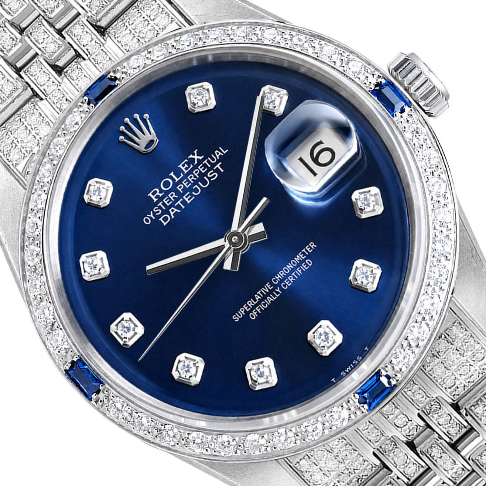 36mm Rolex Detejust 16013 Natural Diamond Sapphire Bezel Blue Dial Steel Watch