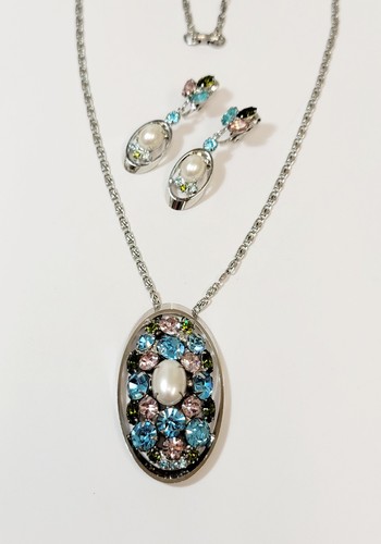 Vintage Alice Caviness Aqua Lavender Green Rhinestones Frame Necklace Earrings