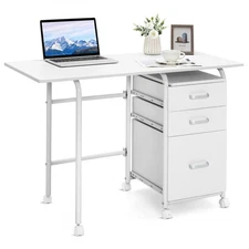 Folding Computer Laptop Desk Wheeled Home Office Furniture w/3 Drawers White