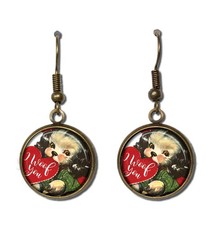 Retro Valentine's Dog Puppy - Handmade Round Resin Dangling Earrings 16mm SIZE