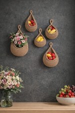 Image of Small Woven Wall Hanging Storage Basket Boho Rope Fruit Holder Kitchen Organiser