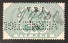 ORANGE RIVER COLONY £5 OVERPRINT ON FREE STATE REVENUE WITH PERFIN CANCELLATION
