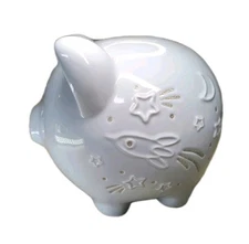 Large Hallmark Ceramic Piggy Bank, Moon & Stars & Rocket Design, Light Blue 