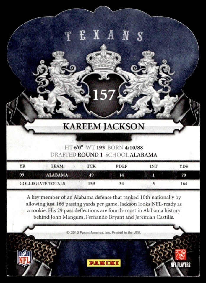 2010 Panini Crown Rookie Die Cut Kareem Jackson Rookie Houston Texans #157 - Image 2 of 2