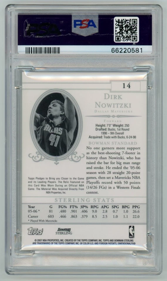 DIRK NOWITZKI HOF 2006-07 BOWMAN STERLING JERSEY #14 PSA 10 GEM MINT POP 6 - Image 2 of 2