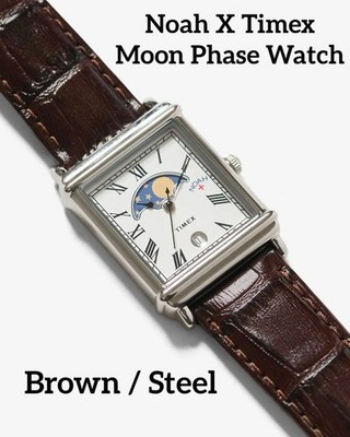 Noah x Timex Mondphasenuhr Goldgehäuse weißes Zifferblatt braunes Lederarmban...