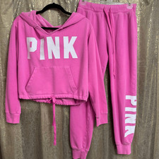 PINK Victoria's Secret Cinched Hoodie Sweatpants Set Hot Pink S/XS