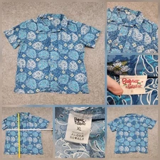 Barefoot In Paradise Mens XL Blue Floral Cotton Tropical Hawaiian Aloha T Shirt