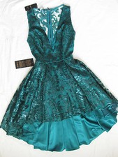BEBE DEEP V EMBELLISHED LACE SEQUIN HI LO DRESS NWT NEW 279 MEDIUM M LARGE L 10