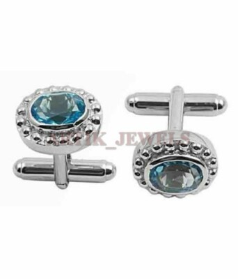 Natural Blue Topaz Gemstone with 925 Sterling Silver Cufflink #1966
