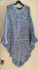 Vintage women's hand-crocheted v-neck light blue and purple poncho, medium
