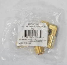 Push To Connect Tube Male Elbows 2 Pack Brass 1/2" x 3/8" Barb P-MMCHE1-8C
