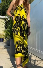 Hawaiian Pareo Yellow Black Hibiscus Flower Wraparound Dress Sarong Beach Skirt