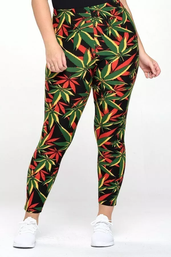 Womens Colorful Marijuana Leaf Print Leggings One Sz Fit 1X,2X,3X Or Sz  14,16,18